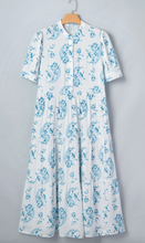 Load image into Gallery viewer, Pre-Order Blue Plus Size Geometric Floral Print Button Split Neck Short Sleeve Maxi Dress