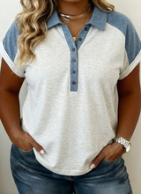 Load image into Gallery viewer, Pre-Order Beige Plus Size Contrast Denim Patchwork Cuffed Sleeve Polo Tee