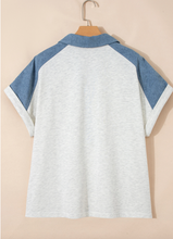 Load image into Gallery viewer, Pre-Order Beige Plus Size Contrast Denim Patchwork Cuffed Sleeve Polo Tee