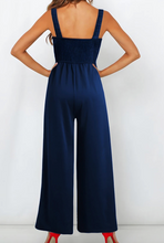 Load image into Gallery viewer, Pre-Order Blue Notched Neck Smocked Back Wide Leg Sleeveless Jumpsuit