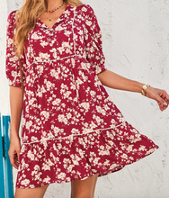 Load image into Gallery viewer, Pre-Order Red Floral Print Contrast Trim Button Tie Neck Swing Dress