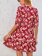 Load image into Gallery viewer, Pre-Order Red Floral Print Contrast Trim Button Tie Neck Swing Dress