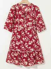 Load image into Gallery viewer, Pre-Order Red Floral Print Contrast Trim Button Tie Neck Swing Dress