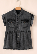 Load image into Gallery viewer, Pre-Order Black Short Sleeve Flap Pocket Button Up Raw Hem Denim Shirt