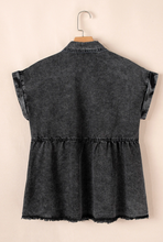 Load image into Gallery viewer, Pre-Order Black Short Sleeve Flap Pocket Button Up Raw Hem Denim Shirt
