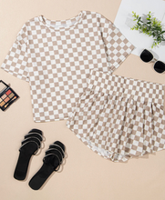 Load image into Gallery viewer, Pre-Order Beige Check 2pcs Cropped Tee and Ruffle High Waist Skort Set