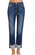 Load image into Gallery viewer, Pre-Order Cuffed Distressed Hem Denim Pants Dark Wash