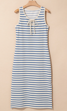 Load image into Gallery viewer, Pre-Order Stripe Tie V Neck Sleeveless Side Slit Midi Dresses