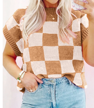 Load image into Gallery viewer, Pre-Order Light French Beige Colorblock Plaid Pattern Ribbed Trim Sweater Tank Top