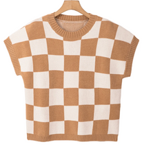 Load image into Gallery viewer, Pre-Order Light French Beige Colorblock Plaid Pattern Ribbed Trim Sweater Tank Top