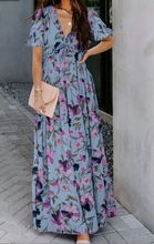 Load image into Gallery viewer, Pre-Order Blue Fiery Red Floral Print Frilled V Neck Short Sleeve Maxi Dress