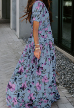Load image into Gallery viewer, Pre-Order Blue Fiery Red Floral Print Frilled V Neck Short Sleeve Maxi Dress