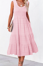 Load image into Gallery viewer, Pre-Order Pink Smocked Ruched Sleeveless High Waist Midi Dress