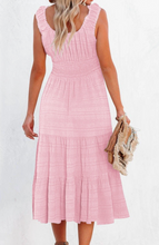 Load image into Gallery viewer, Pre-Order Pink Smocked Ruched Sleeveless High Waist Midi Dress