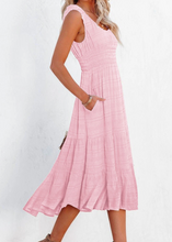 Load image into Gallery viewer, Pre-Order Pink Smocked Ruched Sleeveless High Waist Midi Dress