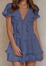 Load image into Gallery viewer, Pre-Order Blue Deep V Neck Self-tie Knotted Front Layered Flare Mini Dress