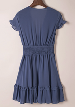 Load image into Gallery viewer, Pre-Order Blue Deep V Neck Self-tie Knotted Front Layered Flare Mini Dress