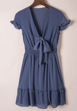 Load image into Gallery viewer, Pre-Order Blue Deep V Neck Self-tie Knotted Front Layered Flare Mini Dress