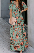 Load image into Gallery viewer, Pre-Order Green Fiery Red Floral Print Frilled V Neck Short Sleeve Maxi Dress (Copy)