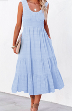 Load image into Gallery viewer, Pre-Order Blue Smocked Ruched Sleeveless High Waist Midi Dress
