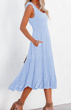 Load image into Gallery viewer, Pre-Order Blue Smocked Ruched Sleeveless High Waist Midi Dress