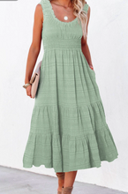 Load image into Gallery viewer, Pre-Order Green Smocked Ruched Sleeveless High Waist Midi Dress