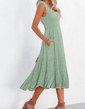 Load image into Gallery viewer, Pre-Order Green Smocked Ruched Sleeveless High Waist Midi Dress