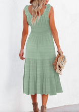 Load image into Gallery viewer, Pre-Order Green Smocked Ruched Sleeveless High Waist Midi Dress