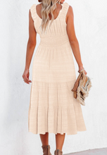 Load image into Gallery viewer, Pre-Order Cream Smocked Ruched Sleeveless High Waist Midi Dress