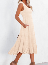Load image into Gallery viewer, Pre-Order Cream Smocked Ruched Sleeveless High Waist Midi Dress