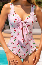 Load image into Gallery viewer, Pre-Order Pink Plaid Cherry Print Bow Knot Ruffle Trim One Piece Swimsuit