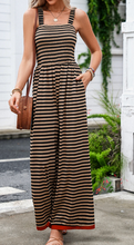Load image into Gallery viewer, Pre-Order Brown Stripe Square Neck Shirred Wide Leg Jumpsuit