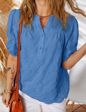 Load image into Gallery viewer, Pre-Order Lace Crochet V Neck Half Sleeve Embroidery Button Down Blouses Casual Shirts
