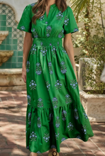 Load image into Gallery viewer, Pre-Order Green Floral Print Split Neck Shirred High Waist Ruffle Hem Maxi Dress