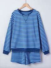 Load image into Gallery viewer, Pre-Order Blue Stripe Drop Shoulder Long Sleeve Pullover Elastic Waist Casual Short Set