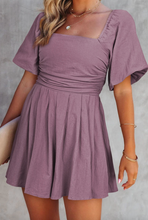 Load image into Gallery viewer, Pre-Order Purple Square Neck Ruched Puff Sleeve Romper