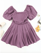 Load image into Gallery viewer, Pre-Order Purple Square Neck Ruched Puff Sleeve Romper