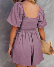 Load image into Gallery viewer, Pre-Order Purple Square Neck Ruched Puff Sleeve Romper