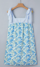 Load image into Gallery viewer, Pre-Order Sky Blue Floral Print Striped Patchwork Bow Knot Straps Mini Dress