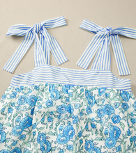 Load image into Gallery viewer, Pre-Order Sky Blue Floral Print Striped Patchwork Bow Knot Straps Mini Dress