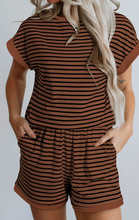 Load image into Gallery viewer, Pre-Order Brown Stripe Ribbed Dolman Tee Elastic Waist Casual Short Set