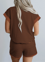Load image into Gallery viewer, Pre-Order Brown Stripe Ribbed Dolman Tee Elastic Waist Casual Short Set