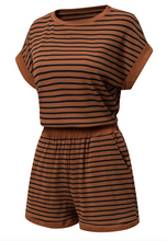 Load image into Gallery viewer, Pre-Order Brown Stripe Ribbed Dolman Tee Elastic Waist Casual Short Set