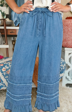 Load image into Gallery viewer, Pre-Order Dusk Blue Ruffled Hem Wide Leg Chambray Pants