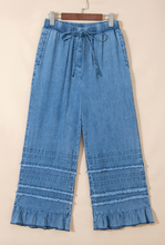Load image into Gallery viewer, Pre-Order Dusk Blue Ruffled Hem Wide Leg Chambray Pants