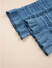 Load image into Gallery viewer, Pre-Order Dusk Blue Ruffled Hem Wide Leg Chambray Pants