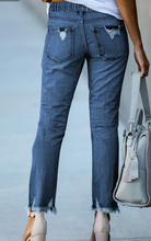 Load image into Gallery viewer, Pre-Order Dark Blue Elastic Waist Straight Leg Destroyed Raw Hem Jeans