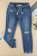 Load image into Gallery viewer, Pre-Order Dark Blue Elastic Waist Straight Leg Destroyed Raw Hem Jeans