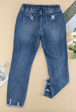 Load image into Gallery viewer, Pre-Order Dark Blue Elastic Waist Straight Leg Destroyed Raw Hem Jeans