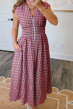 Load image into Gallery viewer, Pre-Order Red Plaid Print Full Zipper Cinched Waist Fit Flare Sleeveless Maxi Dress